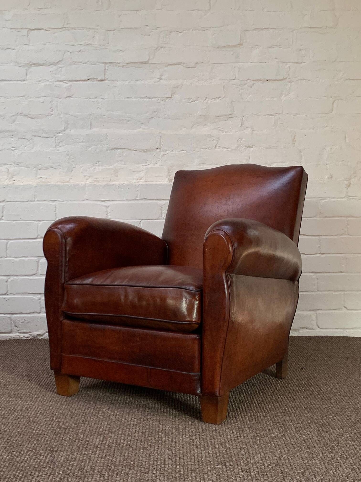 A Beautiful French Leather Club Chair, Moustache Model Circa 1950's
