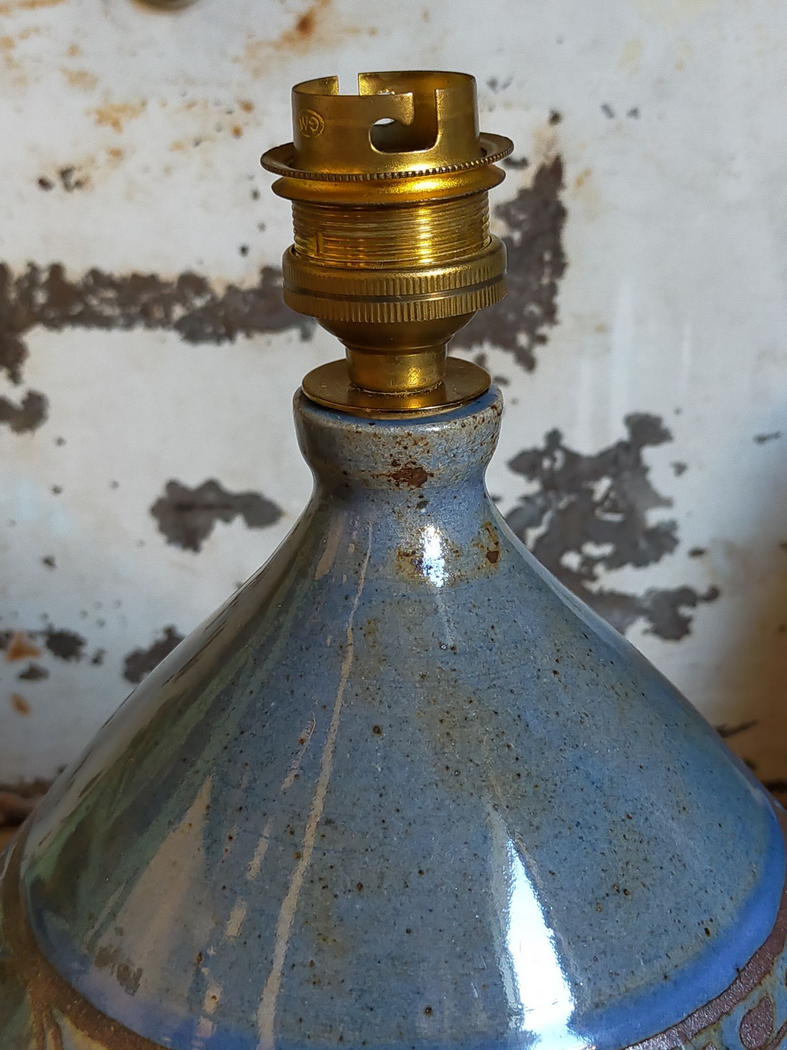 Vintage potter's ceramic table lamp, raffia lampshade