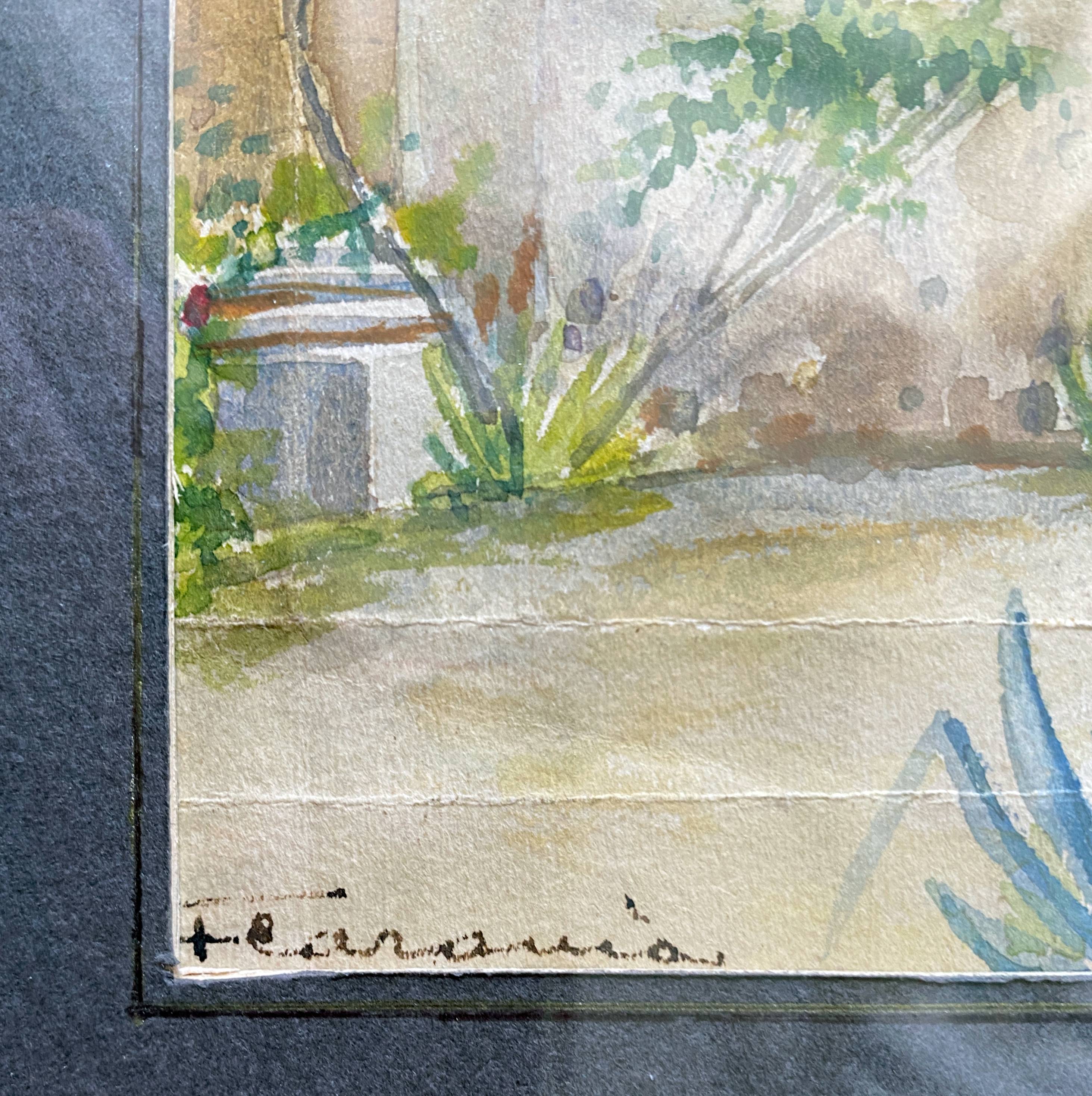 Orientalist watercolor painting "the Patio" signed + pitchpin frame