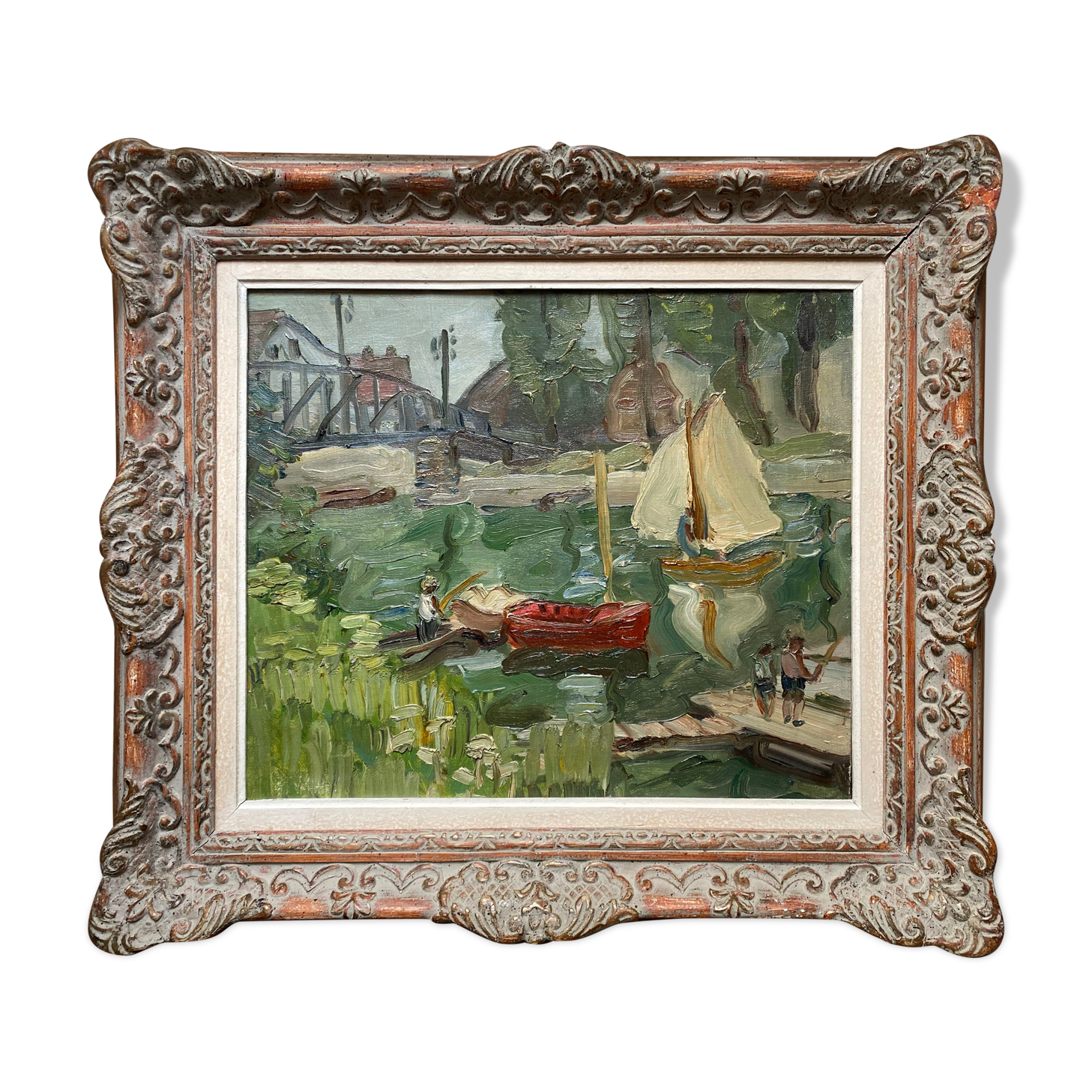 Post-impressionist table "riverside sailing" HST Seine edge