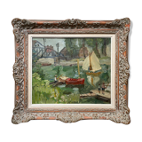Post-impressionist table "riverside sailing" HST Seine edge