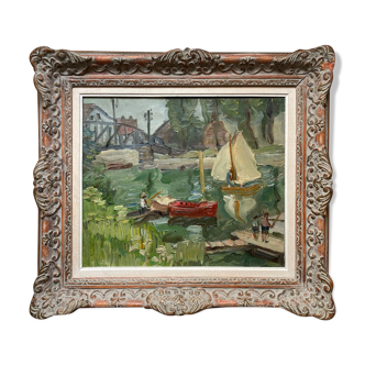 Post-impressionist table "riverside sailing" HST Seine edge