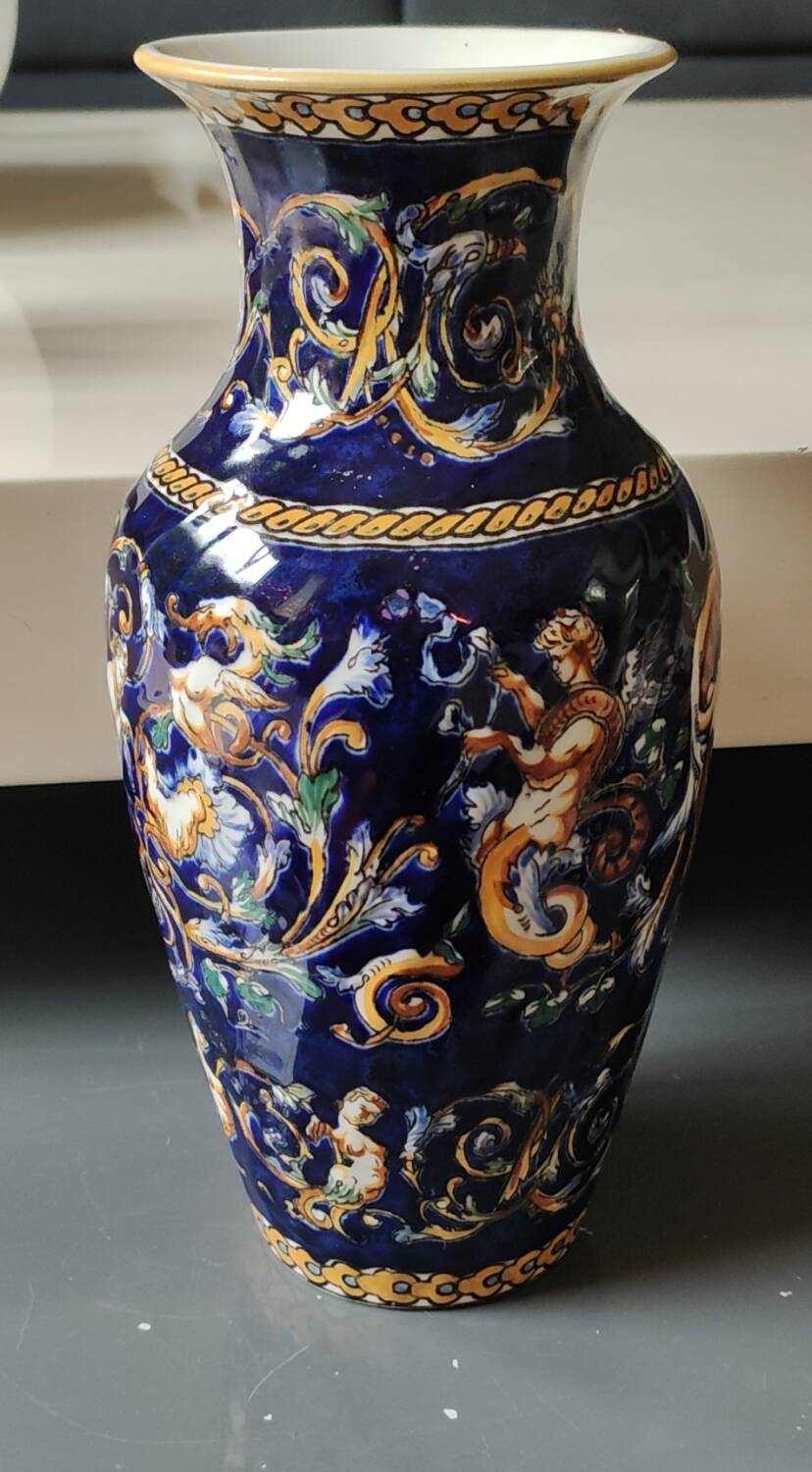 Twisted design vase. Signed Gien France/Renaissance blue background 26 x 13cm