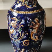 Twisted design vase. Signed Gien France/Renaissance blue background 26 x 13cm