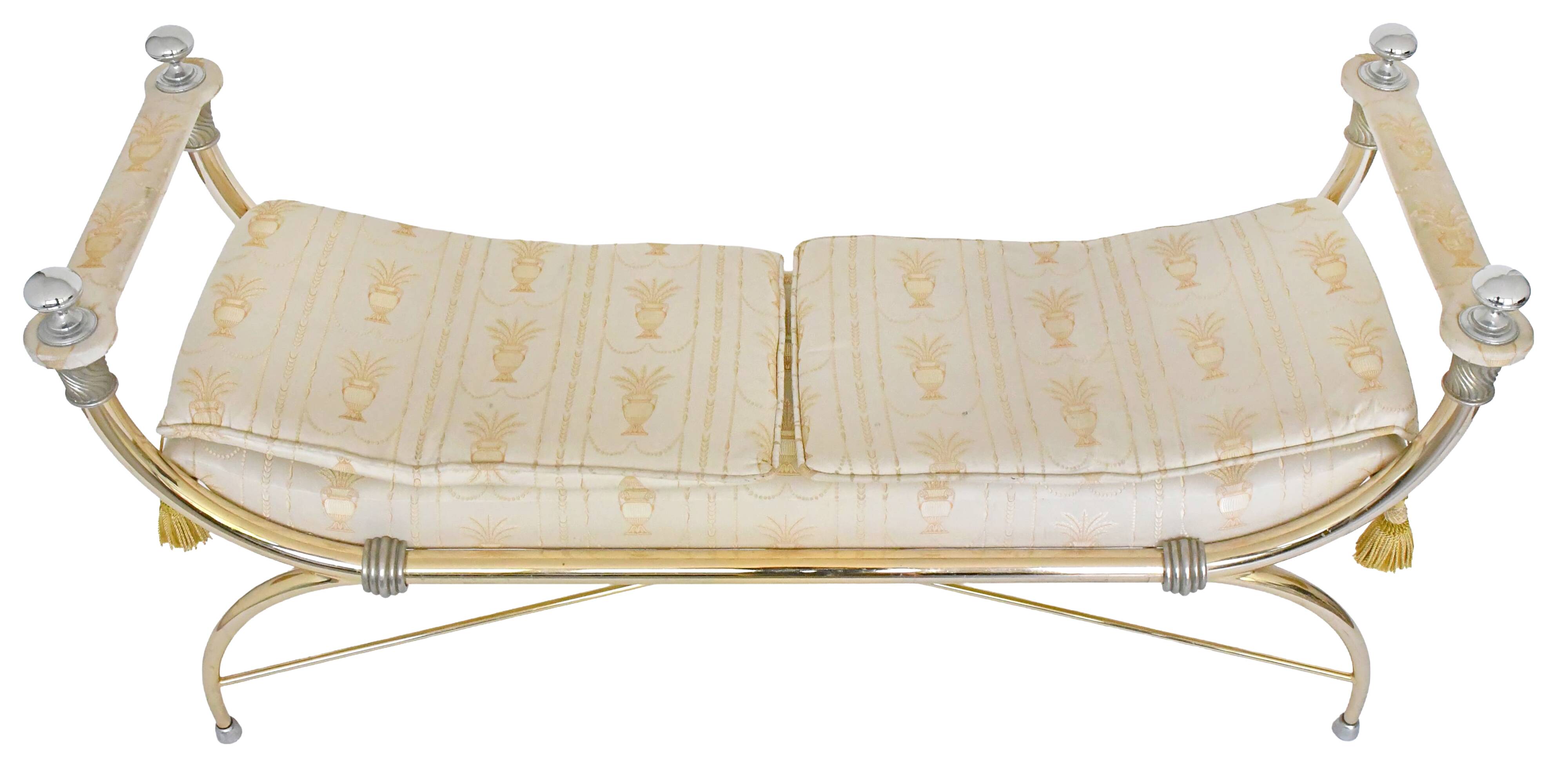 Bench in gilded brass and Empire-style fabric