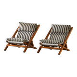 Mid-century dining/lounge chairs in pine and striped cotton canvas, Denmark, 1970s.