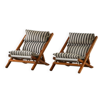 Mid-century dining/lounge chairs in pine and striped cotton canvas, Denmark, 1970s.