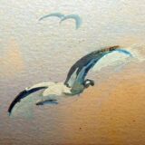 Painting Marine: sailboat, rock and seagulls, signed Padeo