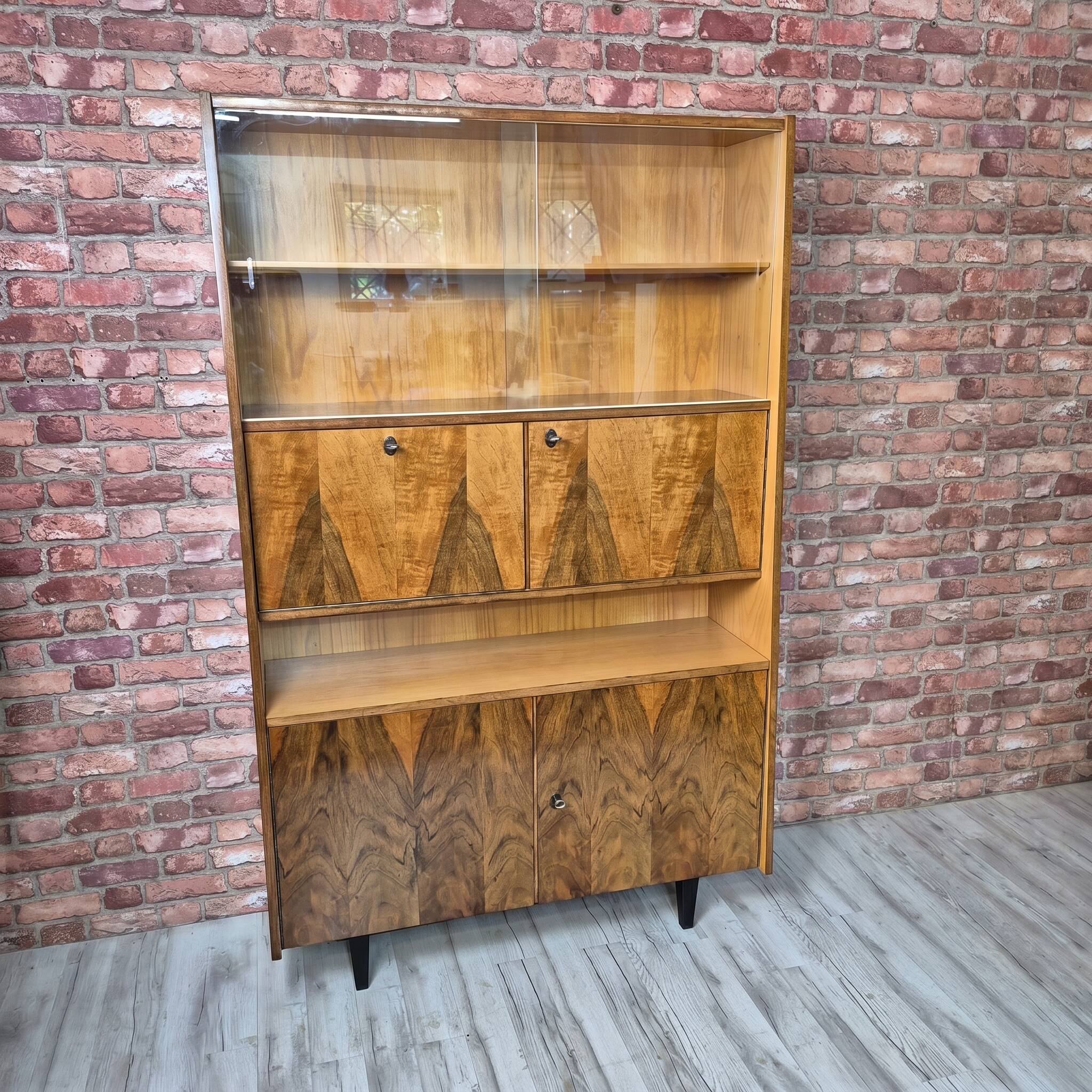 Restored Mid-Century Tapered Highboard Bar Cabinet  in Walnut & Mahogany