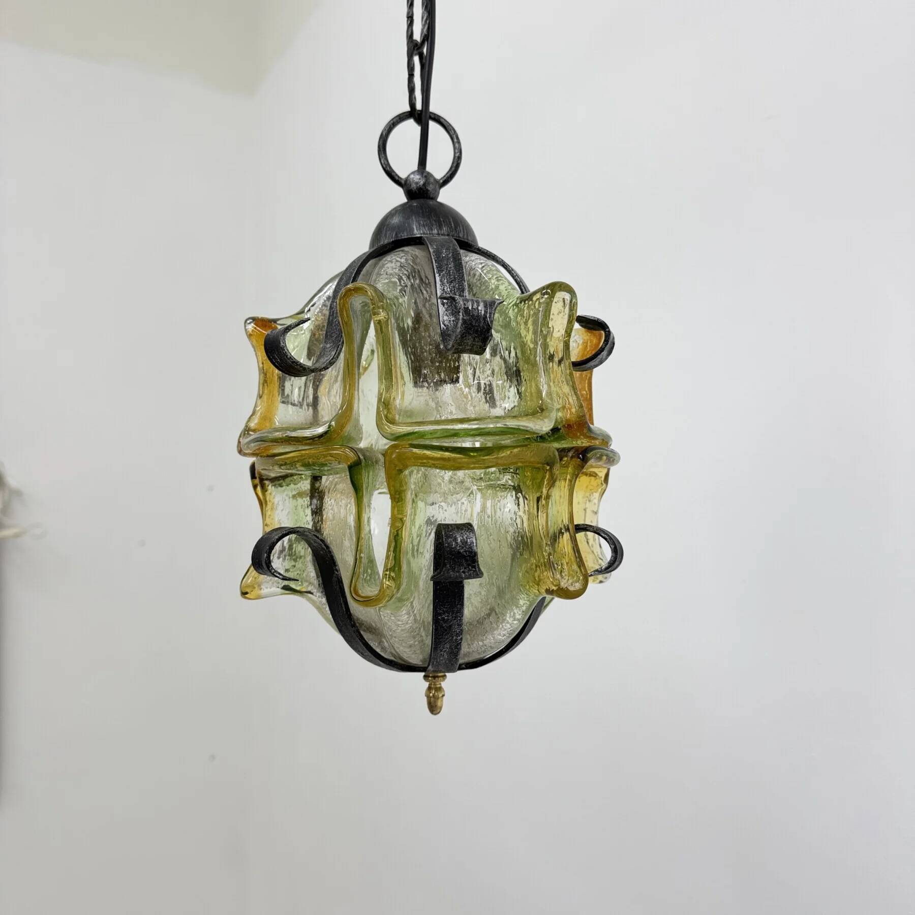 Brutalist glass and iron hanging lamp, 1970s