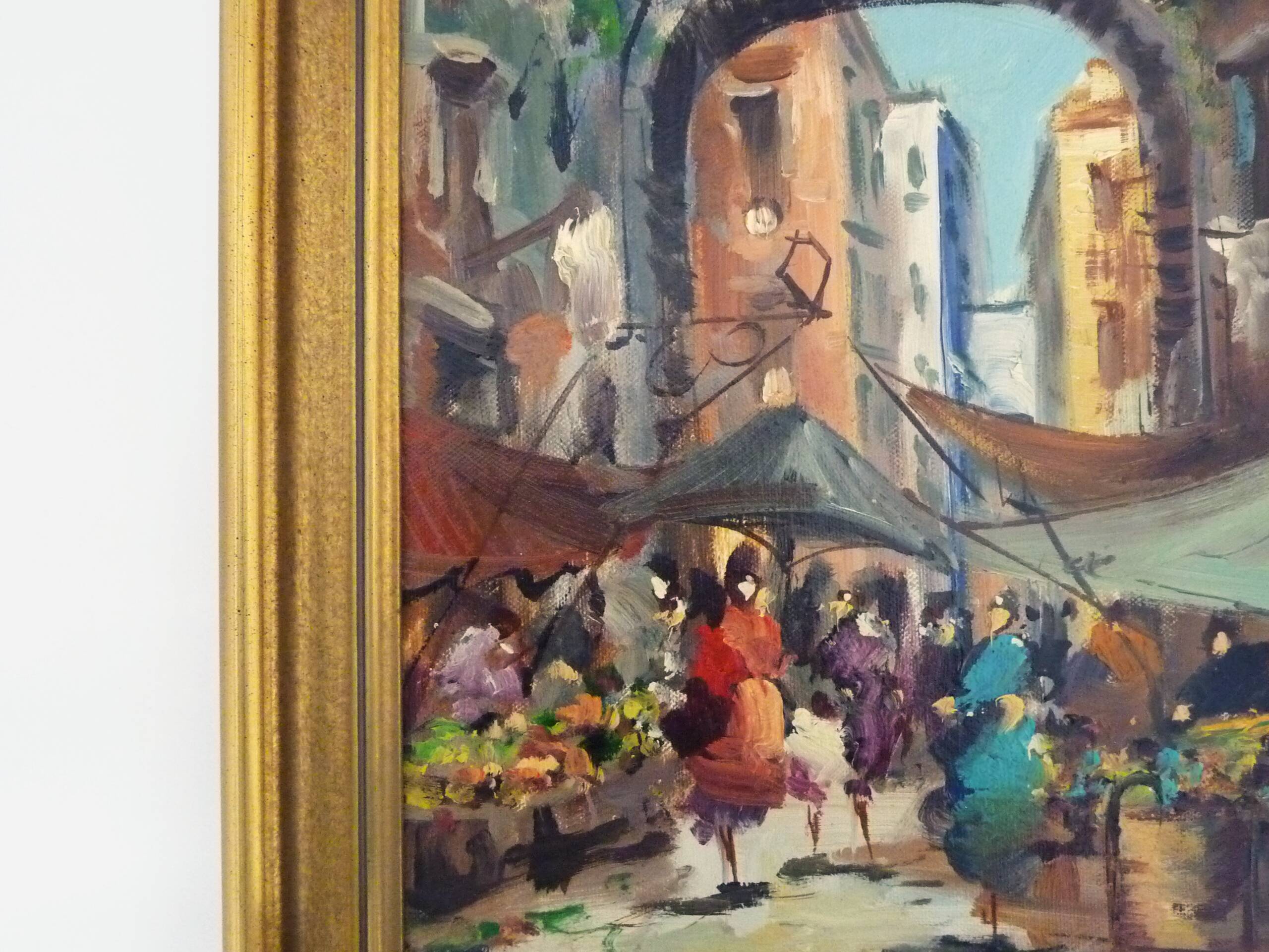 Huile sur carton scène de marché 47,5X37 cm - 18,70X14,56 ". Signée