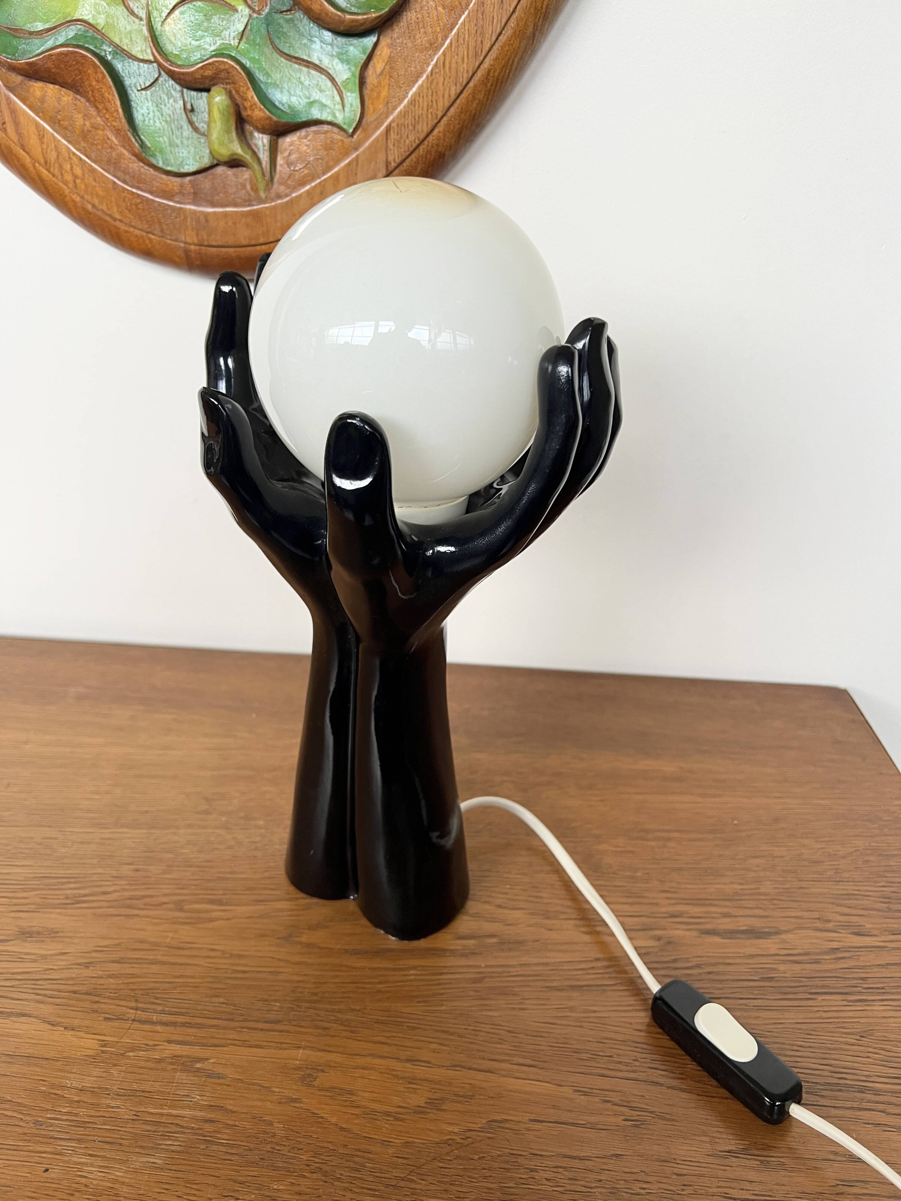 Black Ceramic Lamp with Hands & Opaline Globe – 70s Art Deco Style