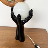 Black Ceramic Lamp with Hands & Opaline Globe – 70s Art Deco Style