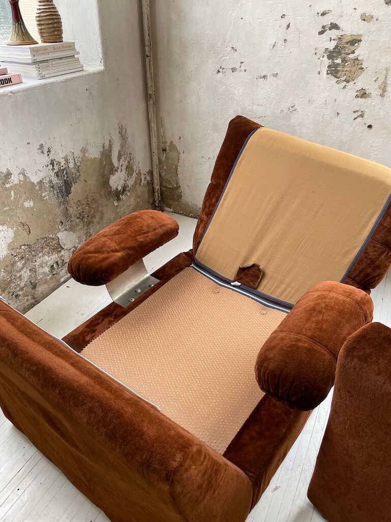 Pair 70s brown velvet armchairs