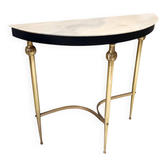 Brass and Black Lacquered Beech Console Table with Demilune Marble Top