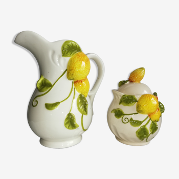 Set of a pitcher earthenware decoration lemons and its pot