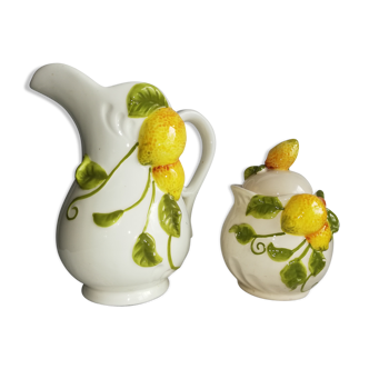 Set of a pitcher earthenware decoration lemons and its pot