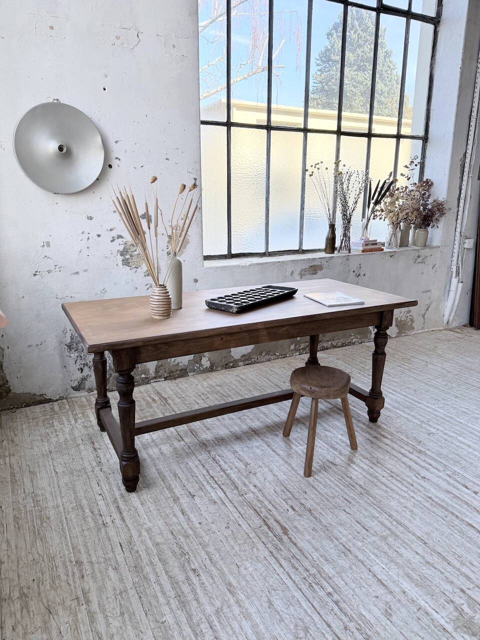 Farm table with turned legs, made of pine and birch, 180cm.