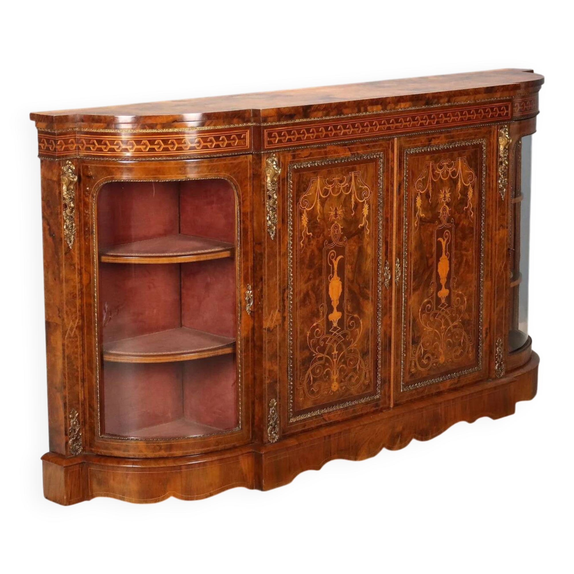 Antique walnut burl cabinet with inlays, United Kingdom, 19th century.