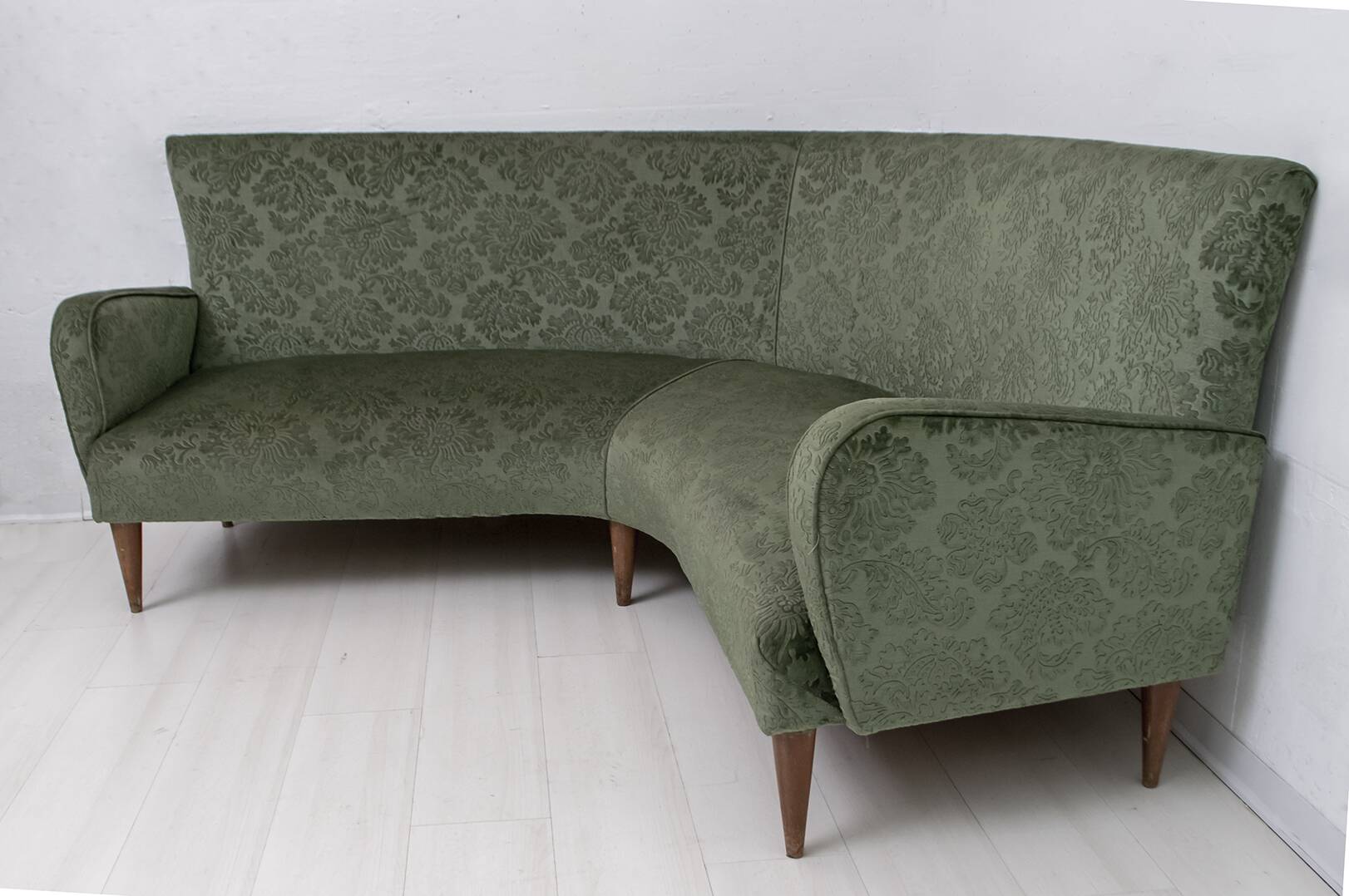 Mid-Century Modern Italian Damask Velvet Corner Sofa, 1950s