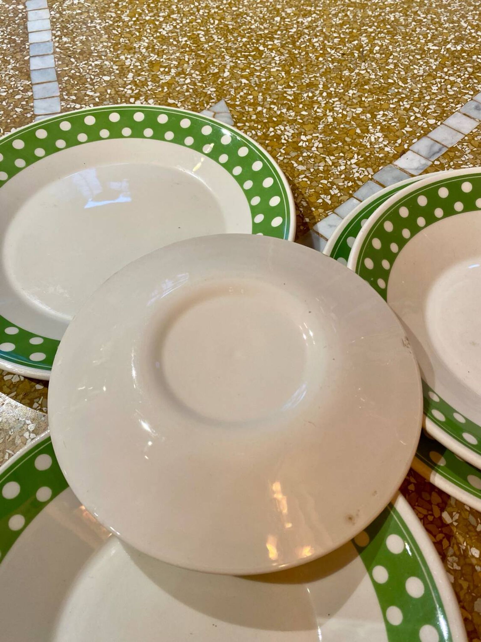 Set of 12 antique polka dot plates for 4 people