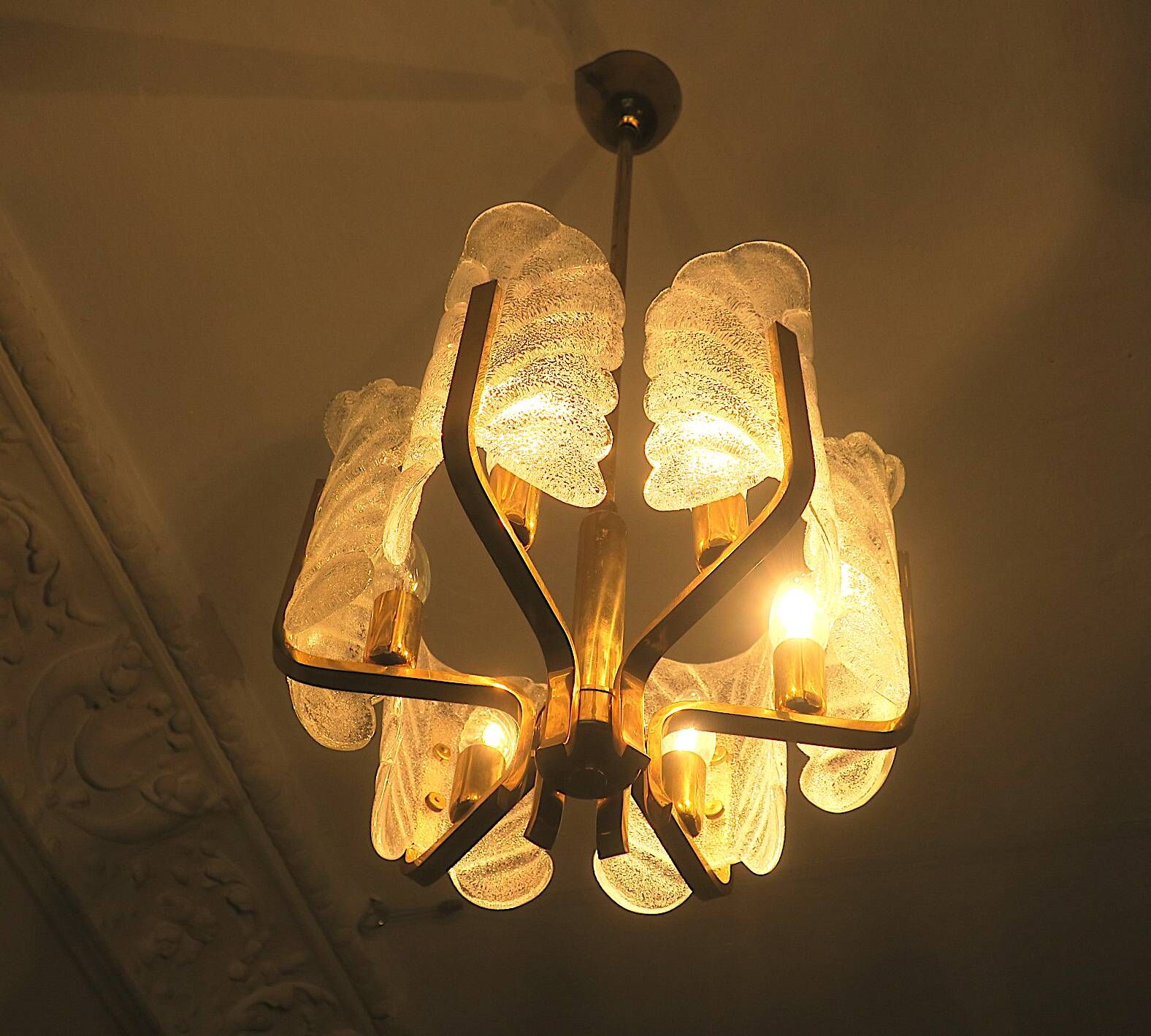 Carl Fagerlund brass and glass acanthus leaf chandelier, Sweden 1960s