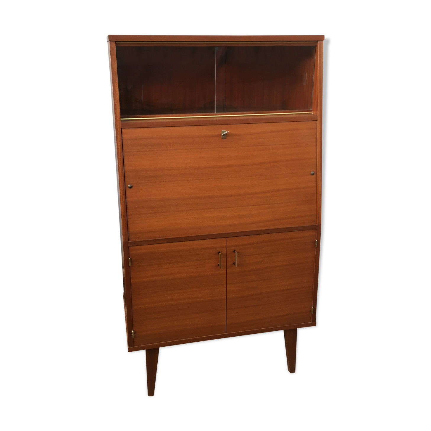 Vintage secretary with wooden compass feet with felling, shop window and closet