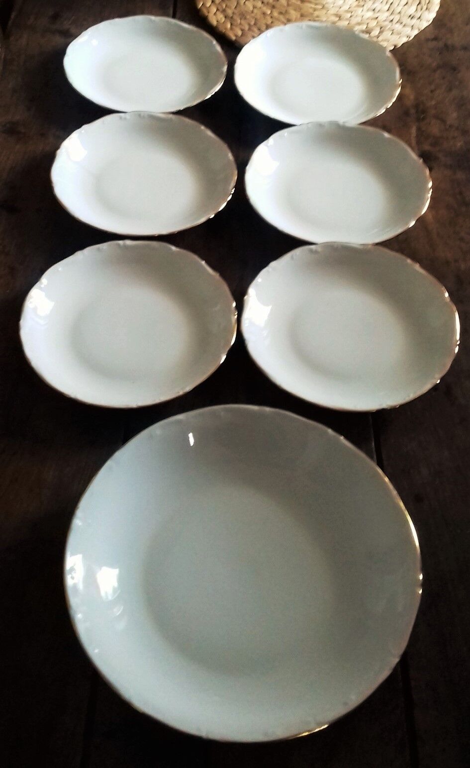 Lot 6 assiettes creuses avec plat rond porcelaine blanche dorure Sologne Lamotte