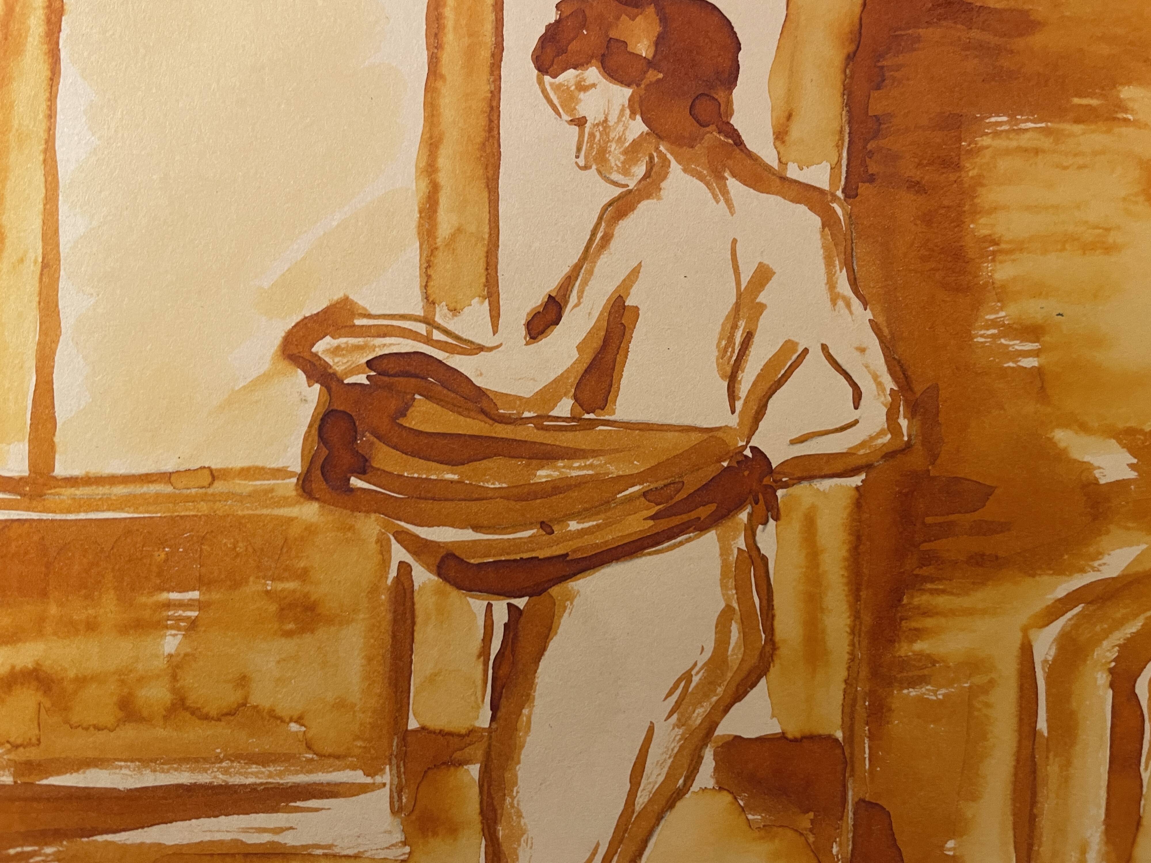 Red chalk watercolor portrait of a woman "study of coming out of the bath"