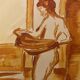 Red chalk watercolor portrait of a woman "study of coming out of the bath"
