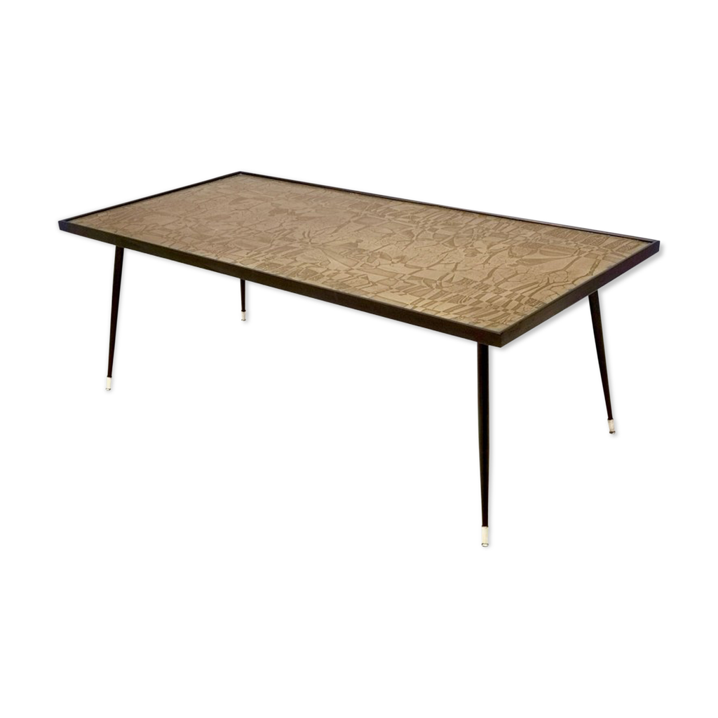 Table basse raffinée et élégante en laiton gravé par G.Urs Italie ...
