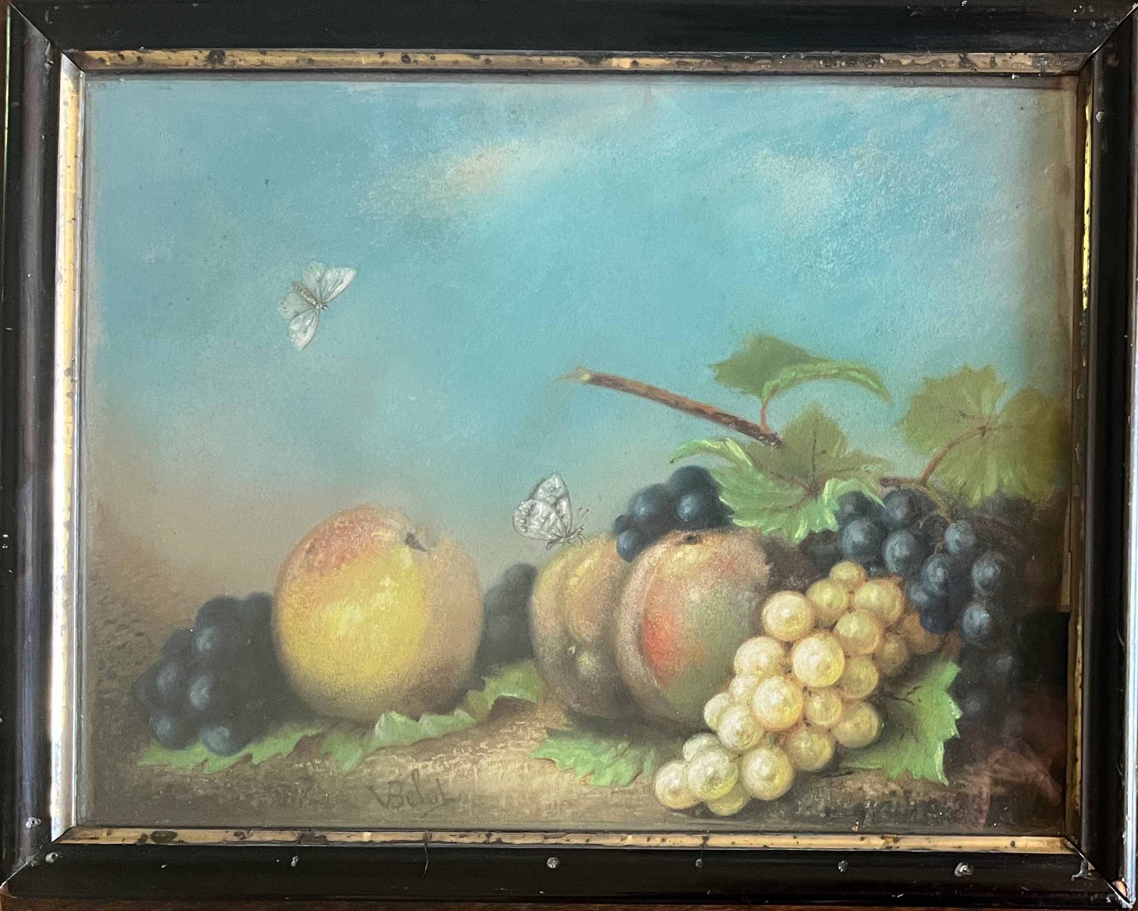 Pastel on paper signed V. Belot 19th century "Still Life with Butterflies"