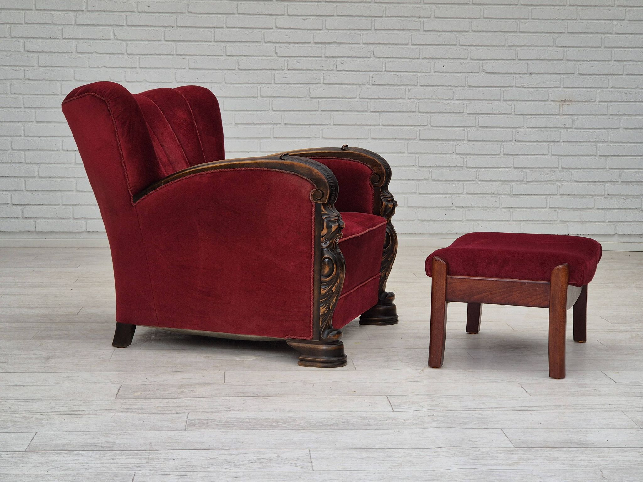 1950s, Danish armchair with footstool, furniture velour, ash wood.