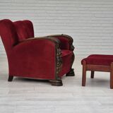 1950s, Danish armchair with footstool, furniture velour, ash wood.
