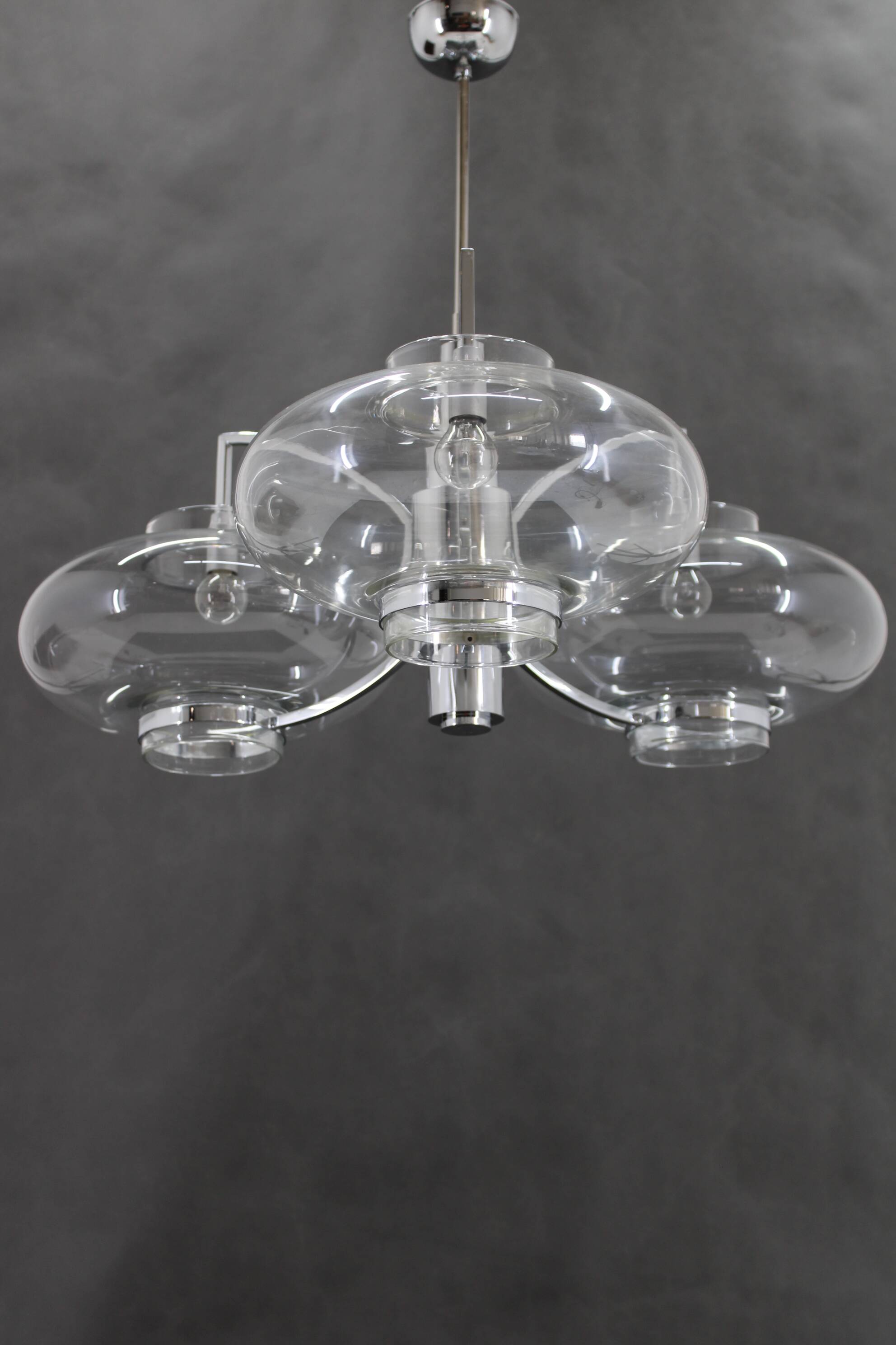 1970s Italian Chrome Plated and Glass Chandelier