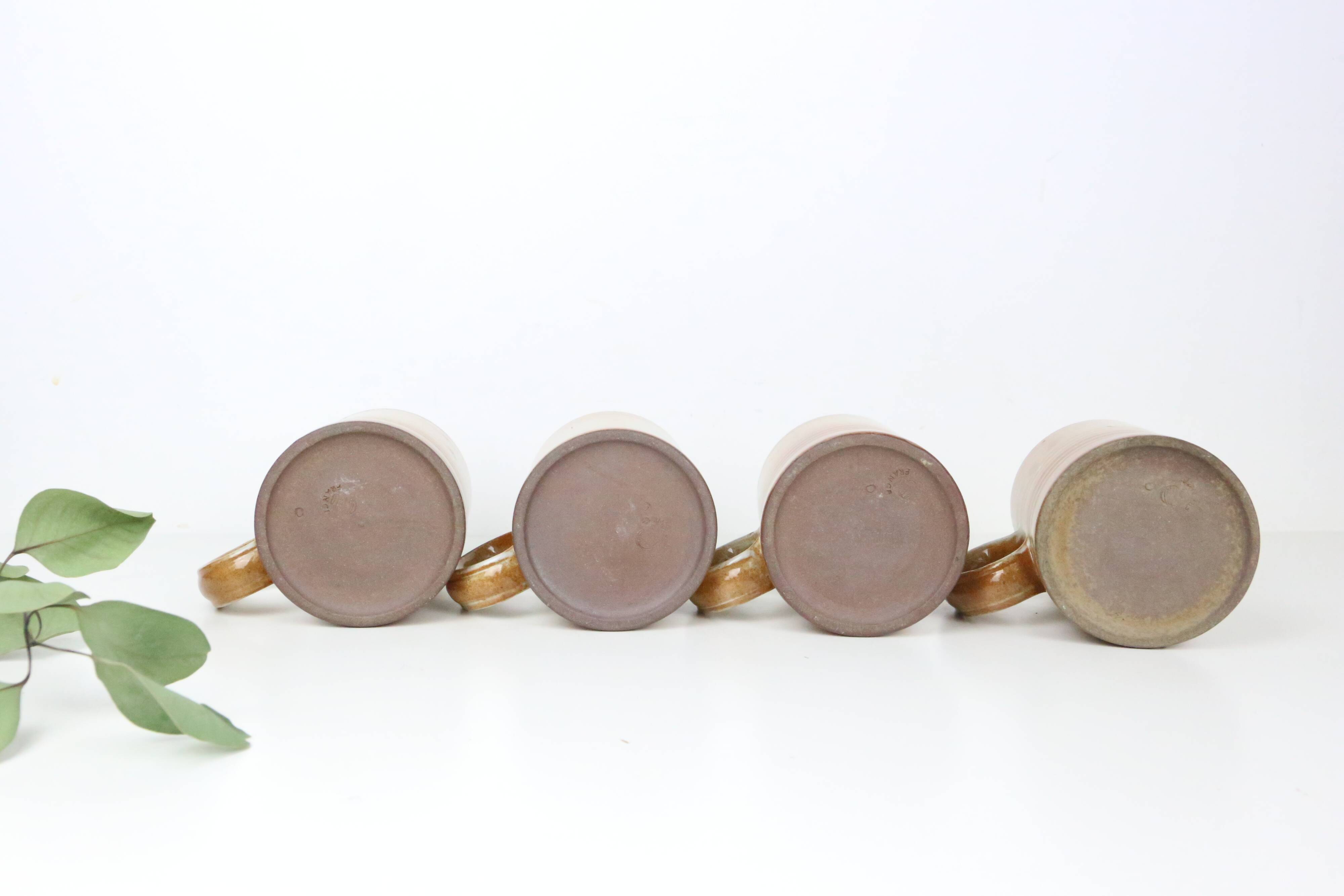 Set of 4 stoneware mugs, artisanal pottery, 1980