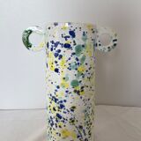Green blue yellow speckled ceramic vase with abstract wool round handles
