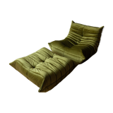 Armchair and pouffe Togo in green olive velvet model designed by Michel Ducaroy 1973