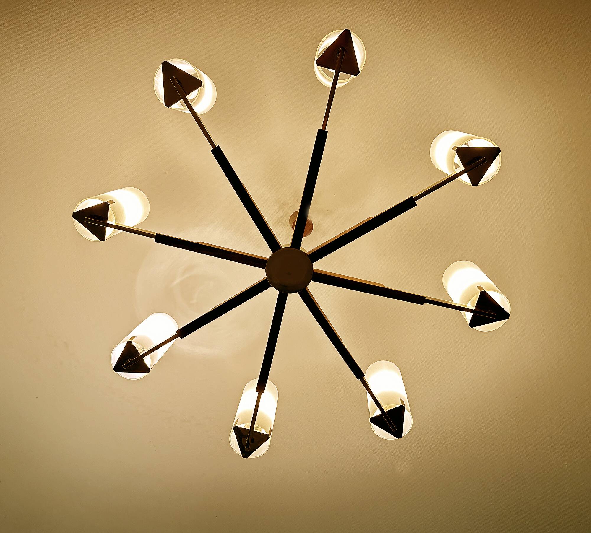 Grande suspension scandinave, teck, laiton et verre