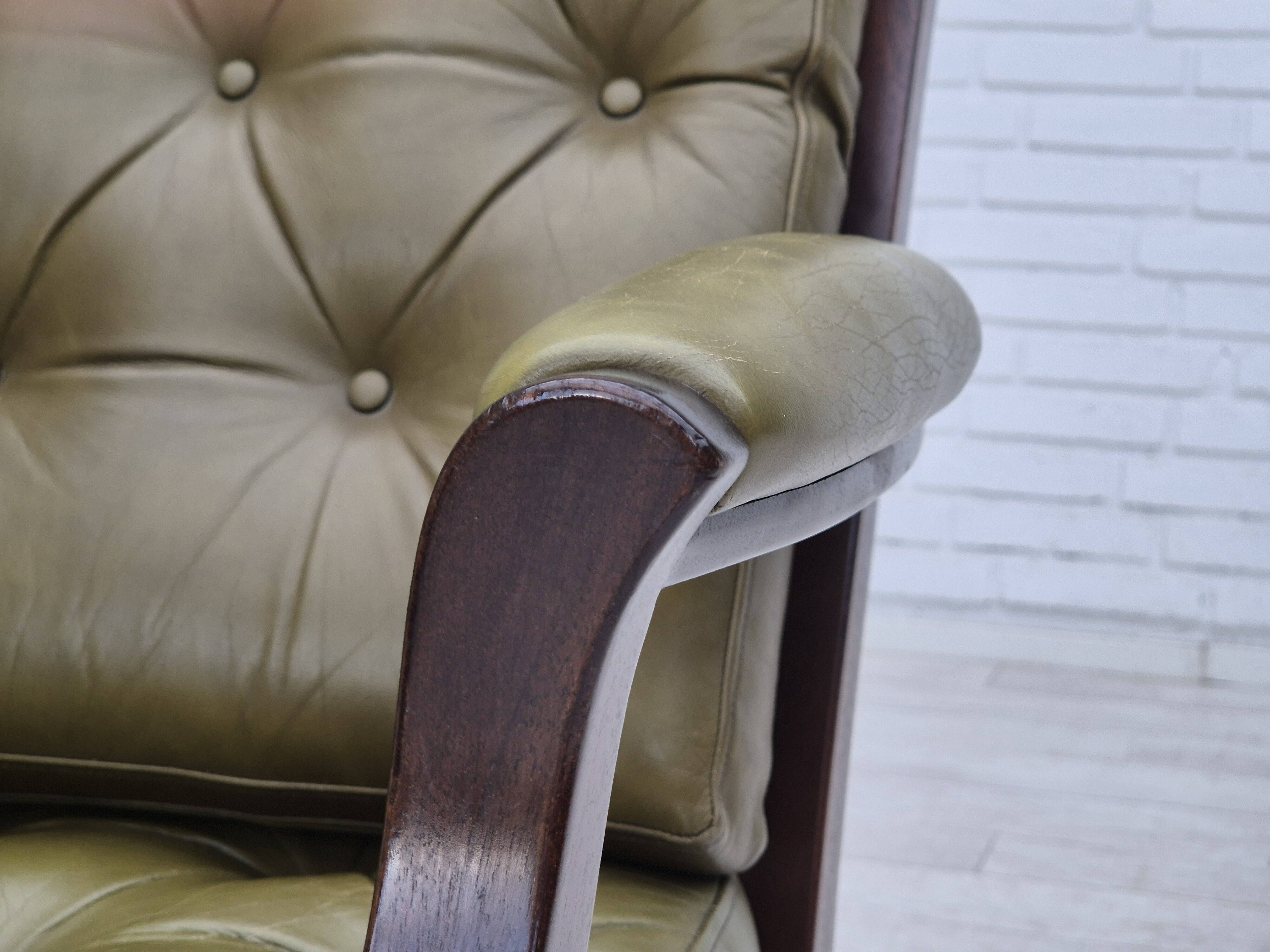 1970s, Scandinavian armchair, original condition,reen furniture leather, solid teak wood.