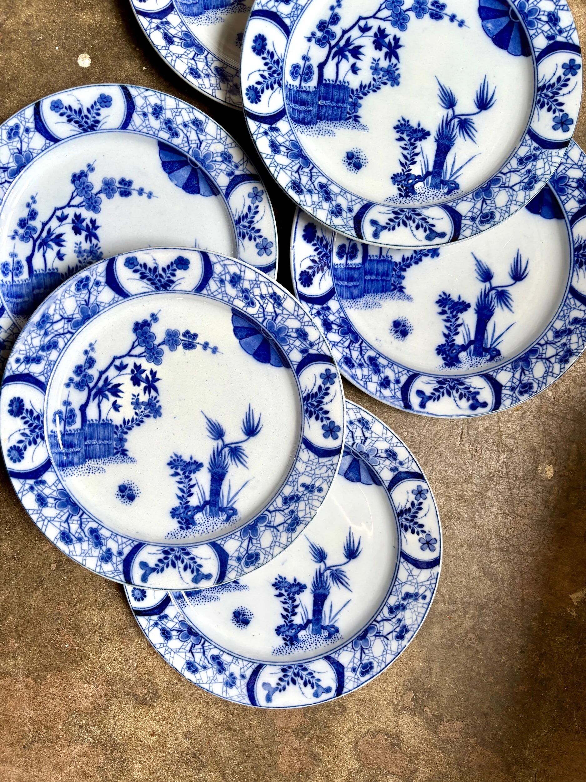 6 dessert plates Creil & Montereau in blue ironstone, "Japan" service
