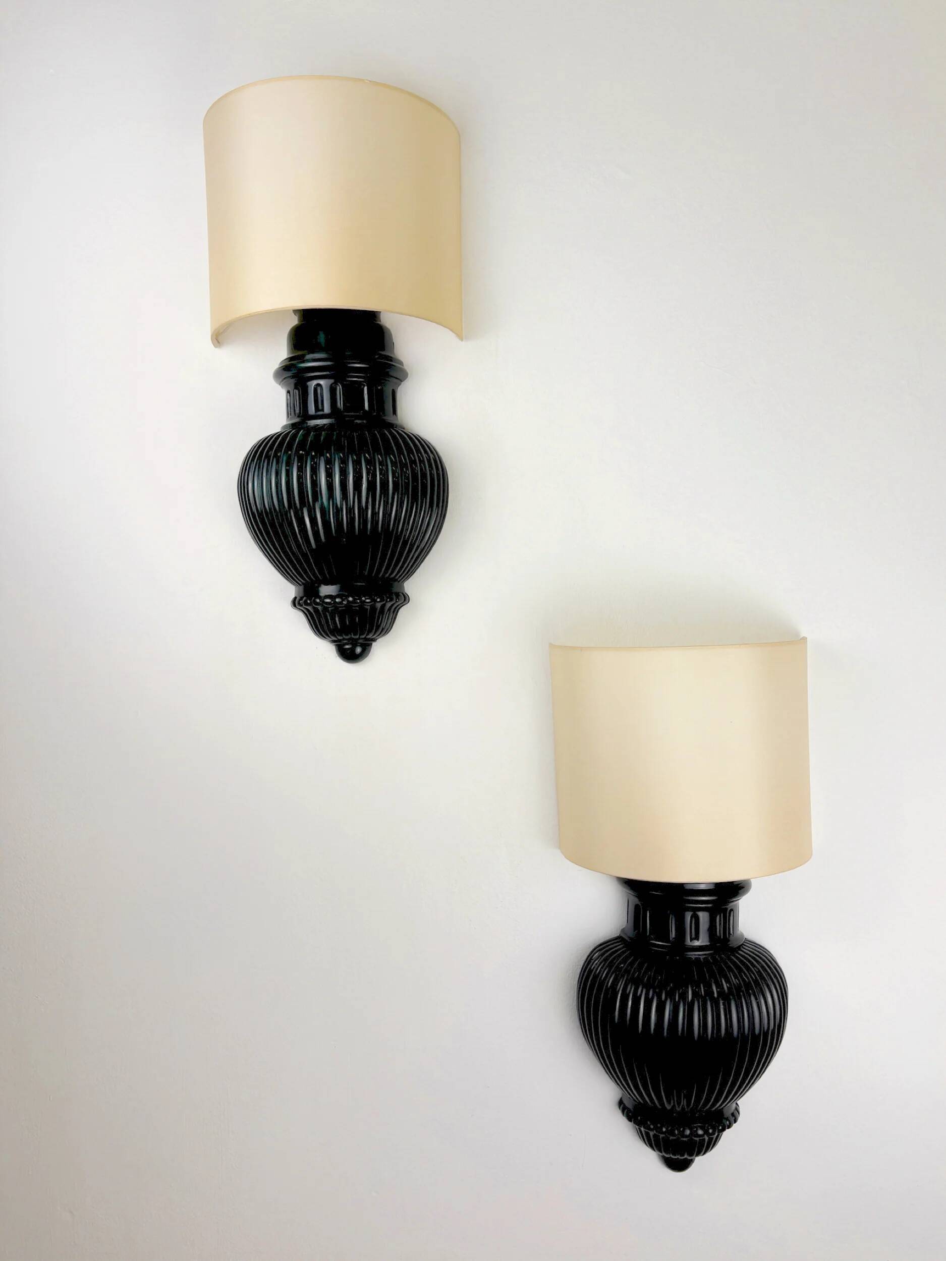 Pair of Art Deco wall lights with shades in glazed cast ceramic,Italy,1970s