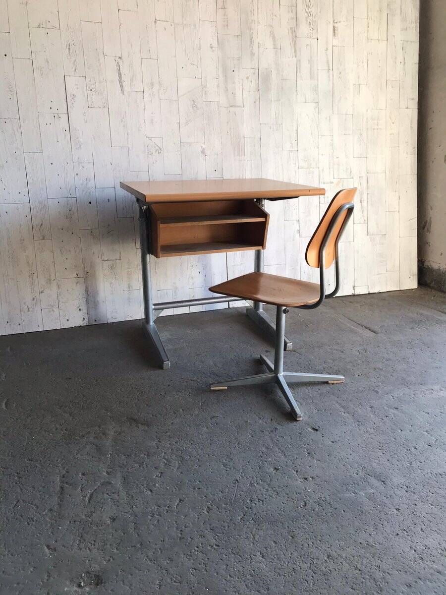 Embru 1960s desk and school chair set in brown wood and grey metal — set of 2