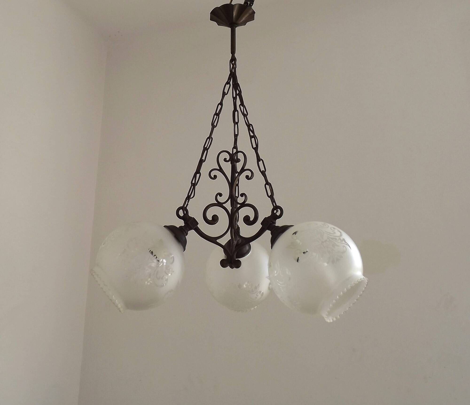 French Vintage 3 Light Bronze Effect Chandelier - Opaque Glass Ball Shades