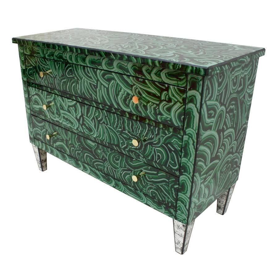 Mid-Century Modern Style Green-Malachite Colored Glass Italian Chest of Drawers