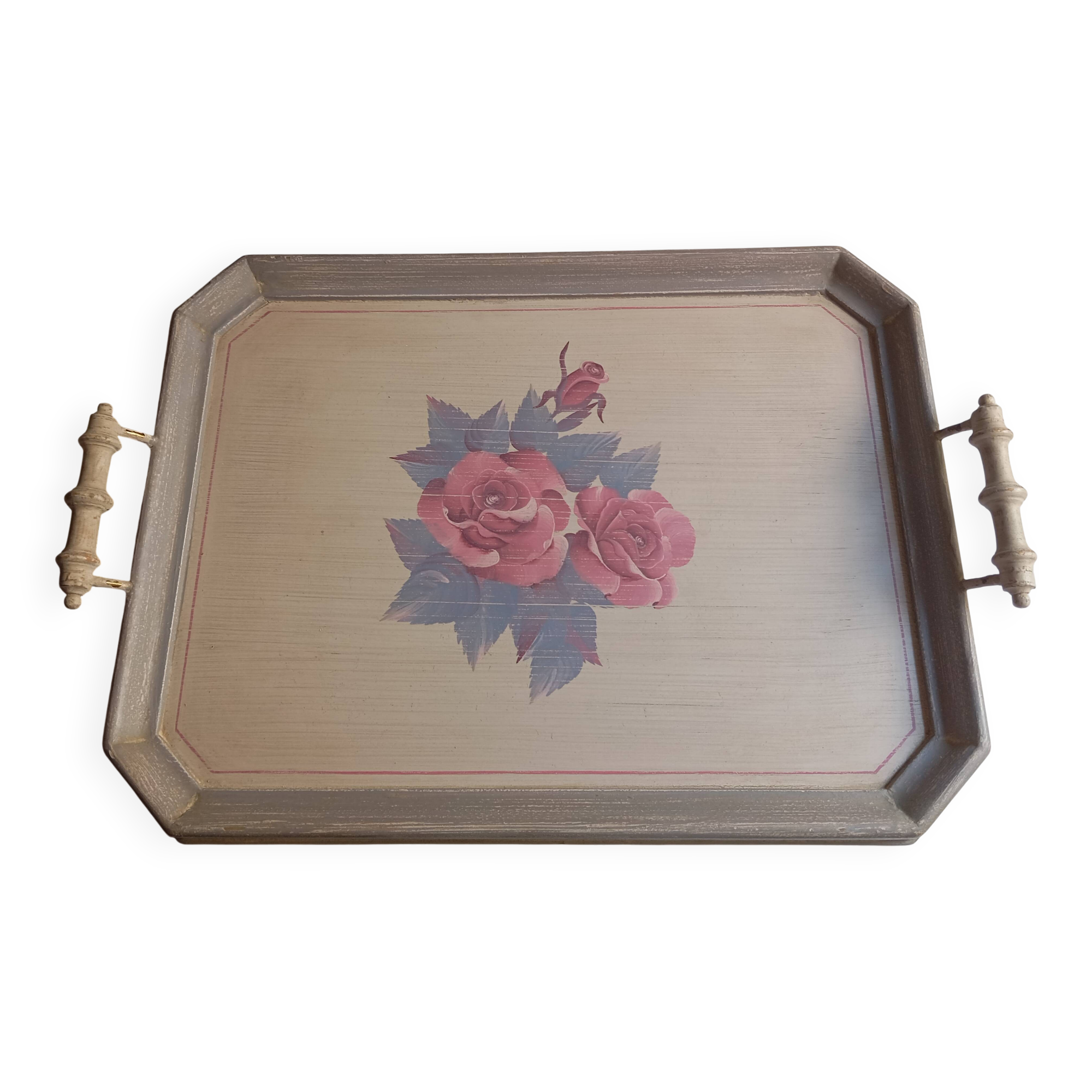 Plateau en bois decor fleurs roses