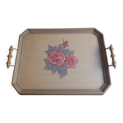 Plateau en bois decor fleurs roses