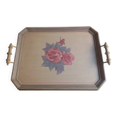 Wooden tray with pink flowers decor