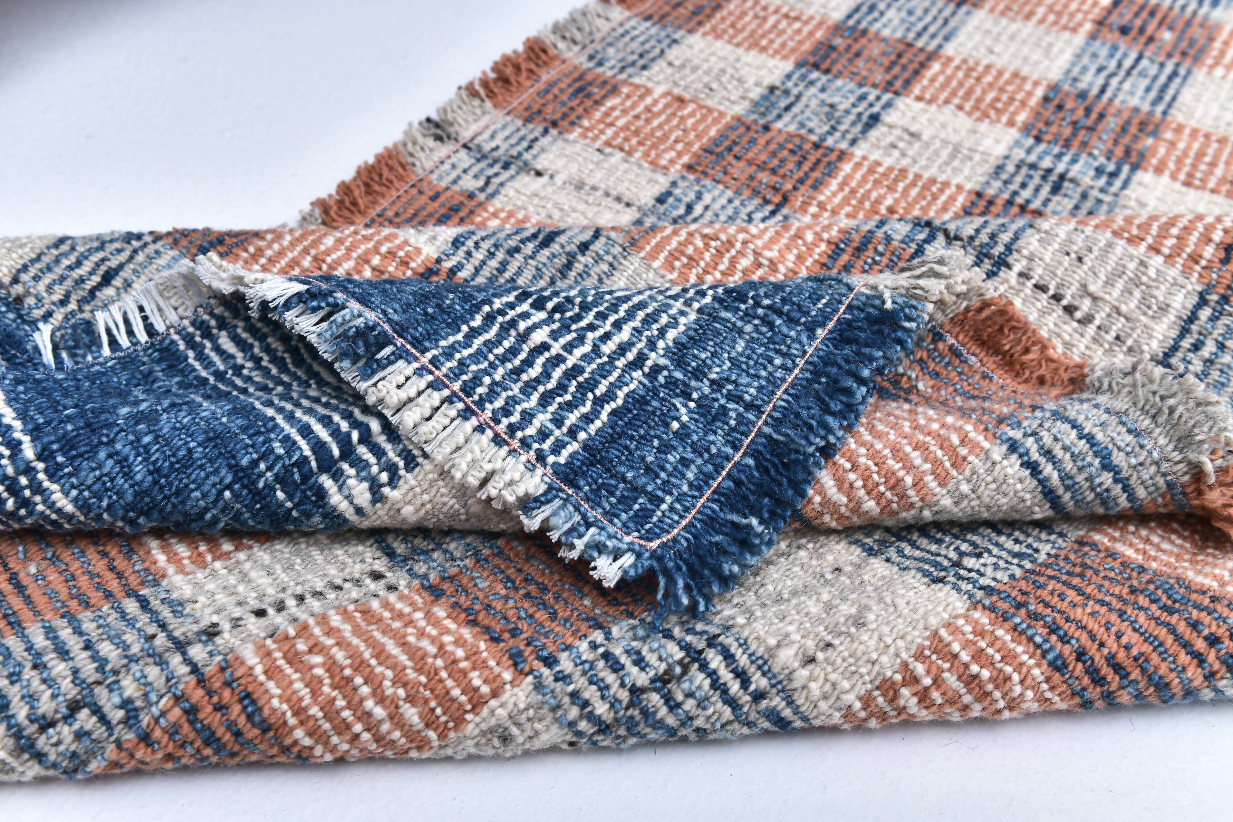 85x325 cm Runner Rug, Blue Terracota Hand made Rug, Made With Wool.