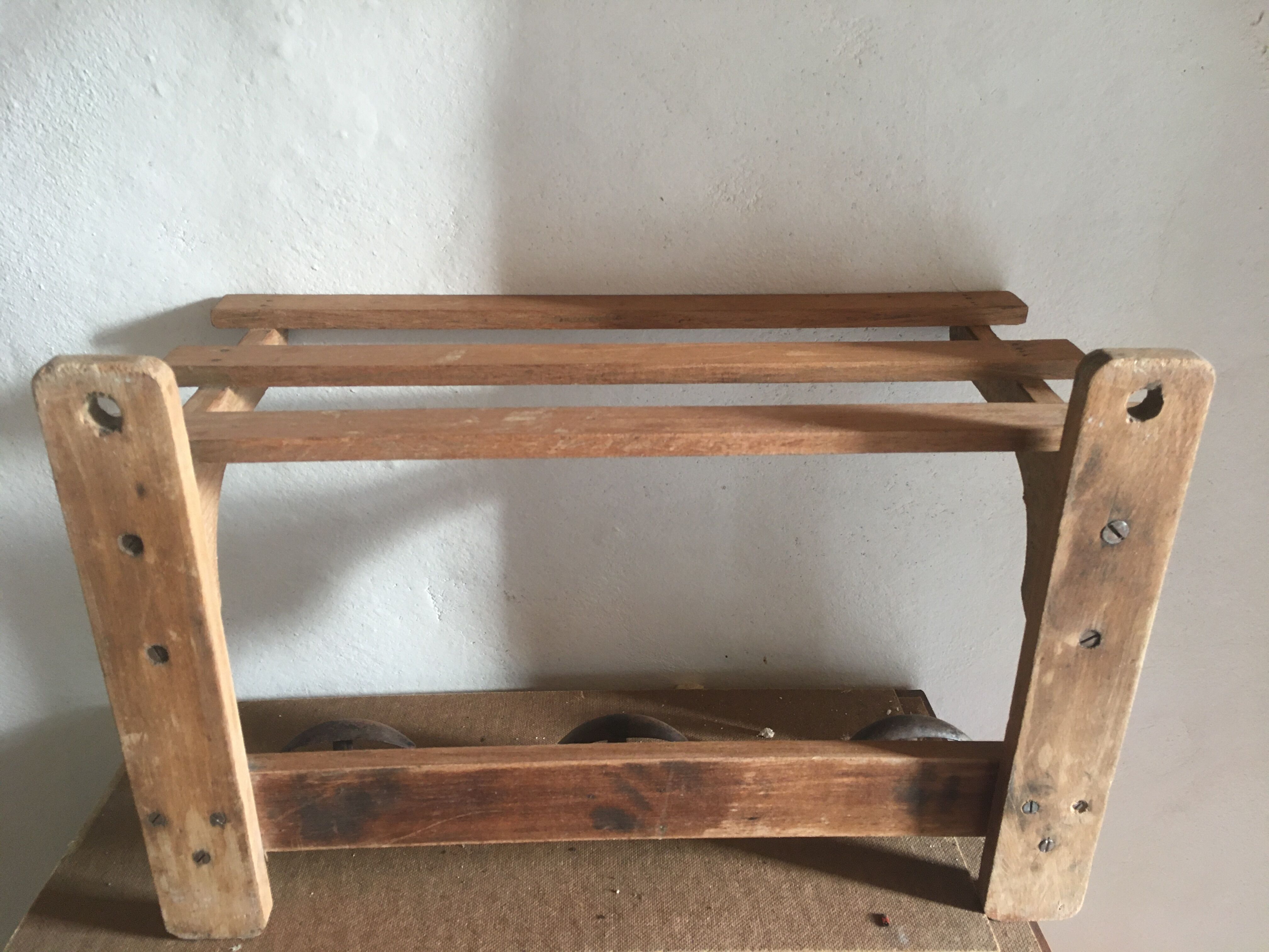 Wood shelf and metal hooks